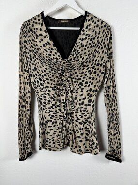 ROBERTO CAVALLI Leopard Blouse V-Neck Ruched Velvet Trim Luxury Knit Top Size 48